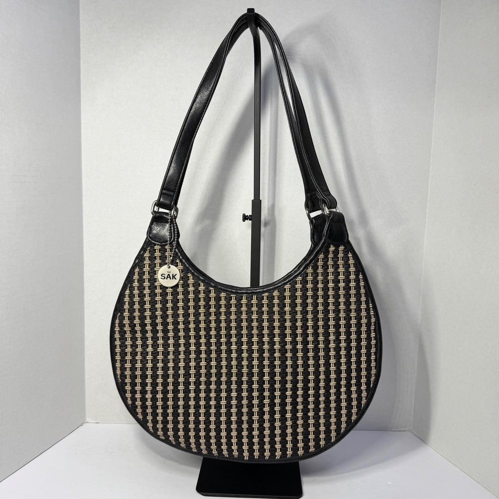 The Sak Women Black Cream Woven Hobo Shoulder Bag Crescent Zip Top‎ Handbag EUC